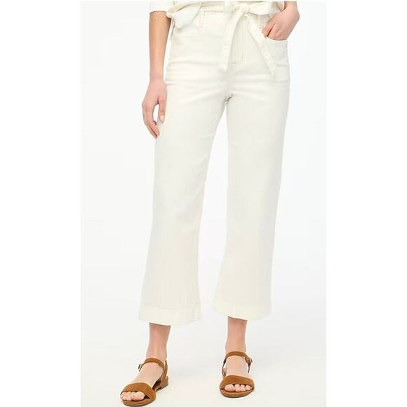 NWT J Crew Jeans Womens 34 White Wide Leg Cropped Paperbag High Rise Belt Denim - Picture 1 of 11